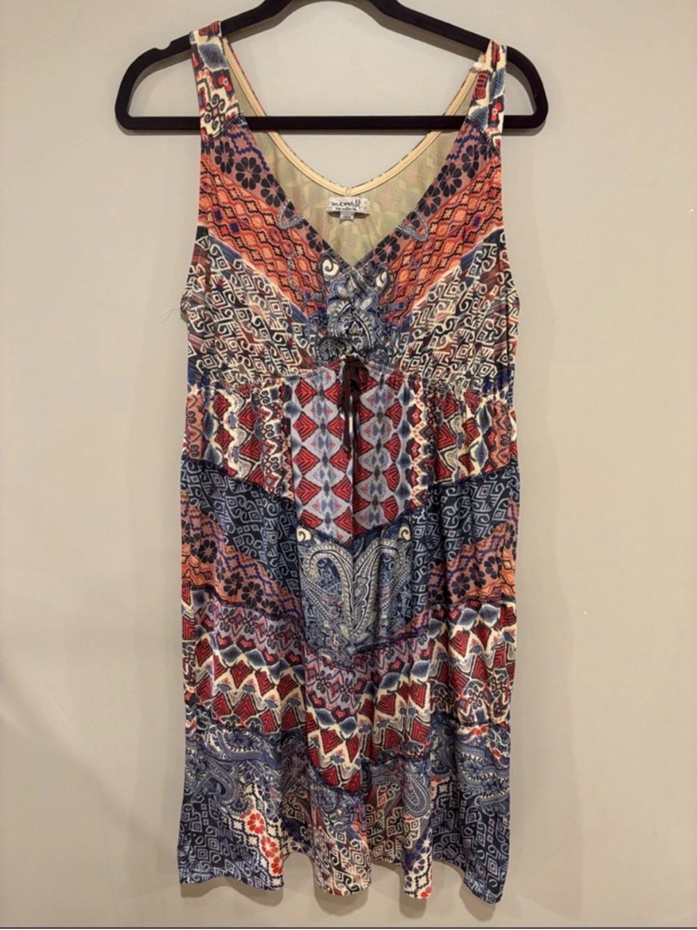 ONE WORLD Navy Red Cream Patterned V‑Neck Mini Dress